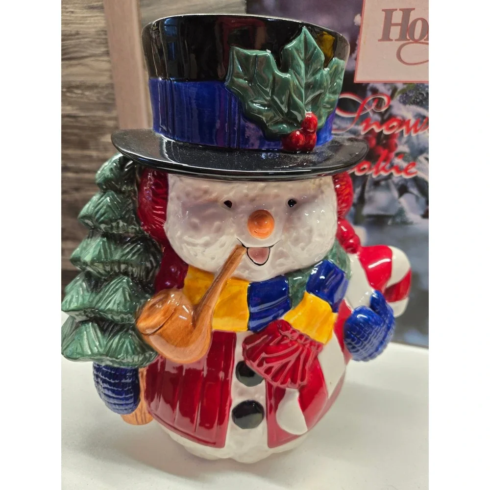 Holly Tree Snowman Cookie Jar Christmas Holiday Ceramic Hand Painted with Box
